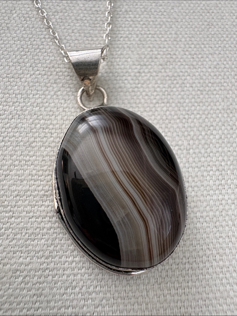 Silver Agate Oval Pendant Necklace - Black and Brown Striped Stone